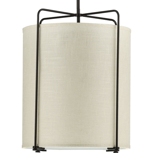 PROGRESS LIGHTING P500139-020 Antique Bronze Kempsey Collection Three-Light Antique Bronze Harvest Linen Shade Farmhouse Pendant Light