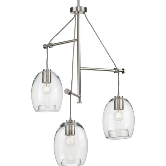 PROGRESS LIGHTING P500160-009 Brushed Nickel Caisson Collection Three-Light Brushed Nickel Clear Glass Global Pendant Light