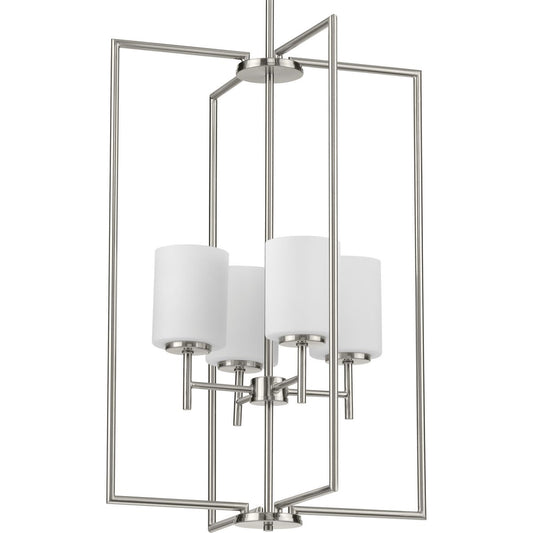 PROGRESS LIGHTING P500206-009 Brushed Nickel Replay Collection Four-Light Brushed Nickel Etched White Glass Modern Pendant Light