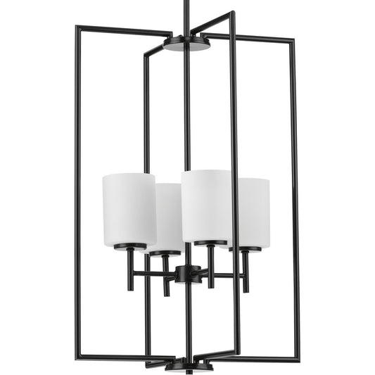 PROGRESS LIGHTING P500206-031 Textured Black Replay Collection Four-Light Textured Black Etched White Glass Modern Pendant Light