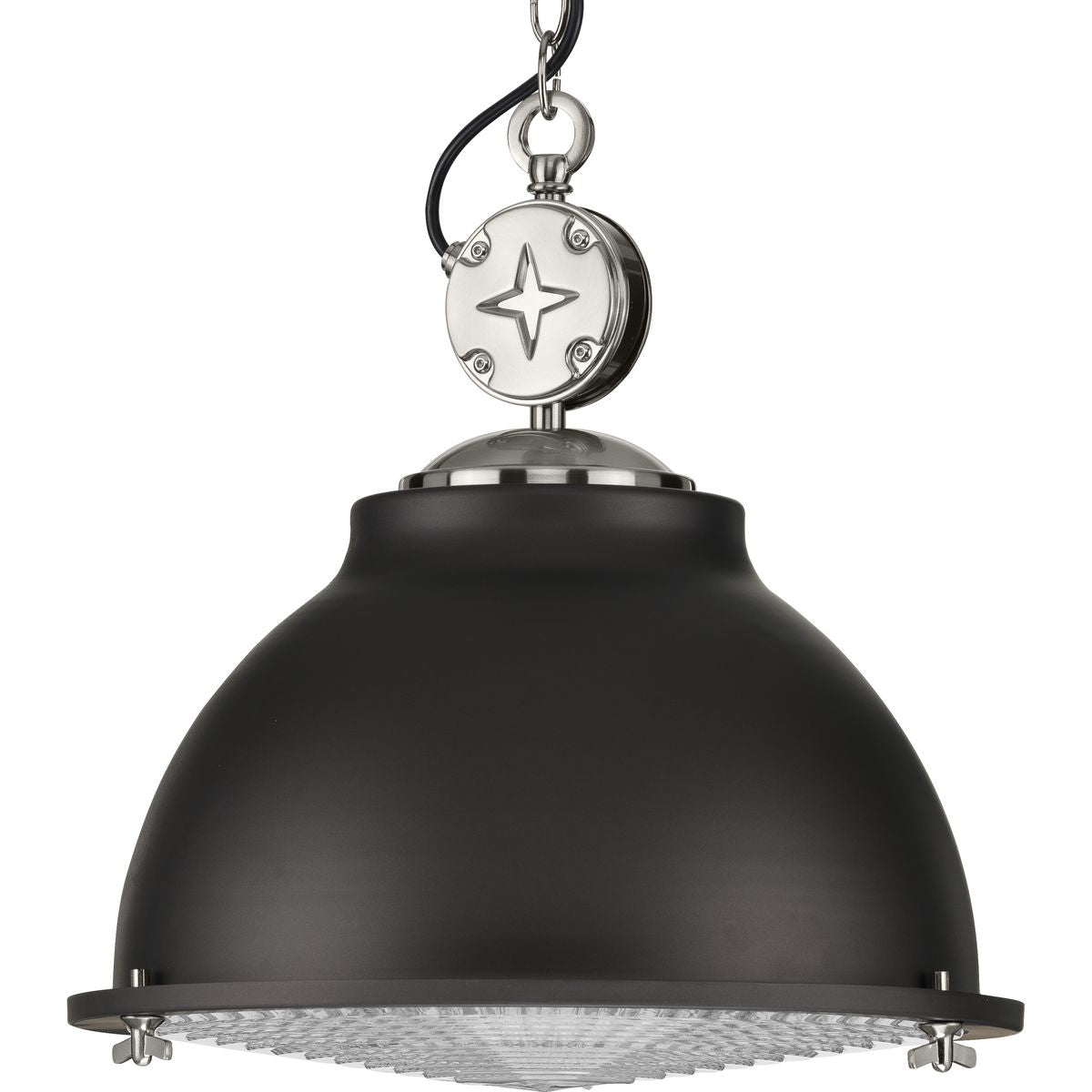 PROGRESS LIGHTING P500212-143 Graphite Medal Collection One-Light Graphite Clear Patterned Glass Coastal Pendant Light