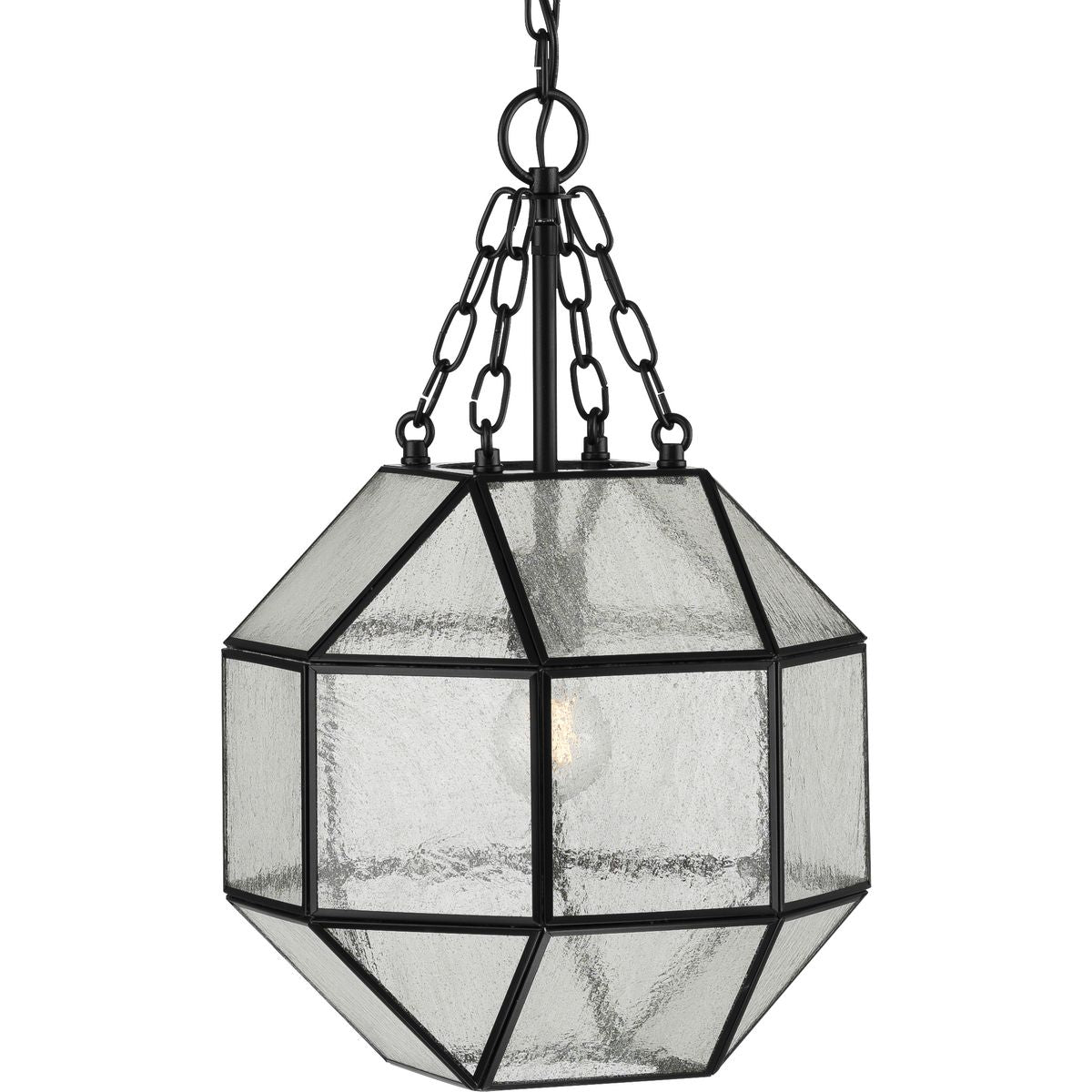PROGRESS LIGHTING P500221-031 Matte Black Mauldin Collection One-Light Matte Black Clear Seeded Glass Global Pendant Light