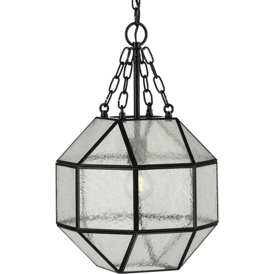 PROGRESS LIGHTING P500221-031 Matte Black Mauldin Collection One-Light Matte Black Clear Seeded Glass Global Pendant Light