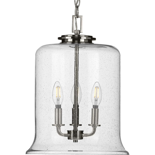 PROGRESS LIGHTING P500239-009 Brushed Nickel Winslett Collection Three-Light Brushed Nickel Clear Seeded Glass Coastal Pendant Light