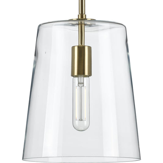PROGRESS LIGHTING P500241-012 Satin Brass Clarion Collection One-Light Satin Brass Clear Glass Coastal Pendant Light