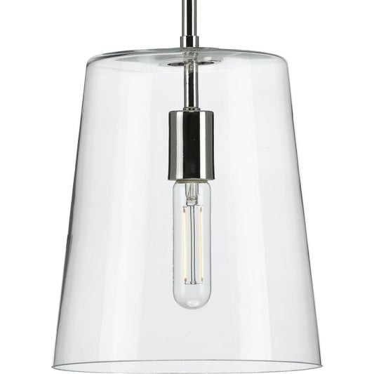 PROGRESS LIGHTING P500241-104 Polished Nickel Clarion Collection One-Light Polished Nickel Clear Glass Coastal Pendant Light