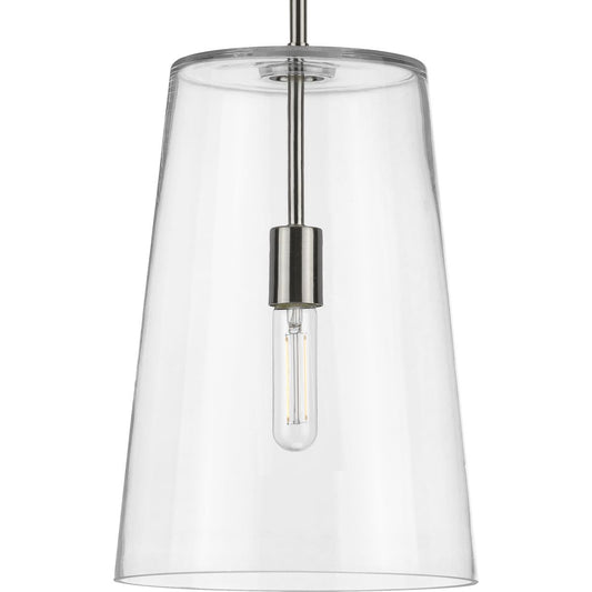 PROGRESS LIGHTING P500242-009 Brushed Nickel Clarion Collection One-Light Brushed Nickel Clear Glass Coastal Pendant Light
