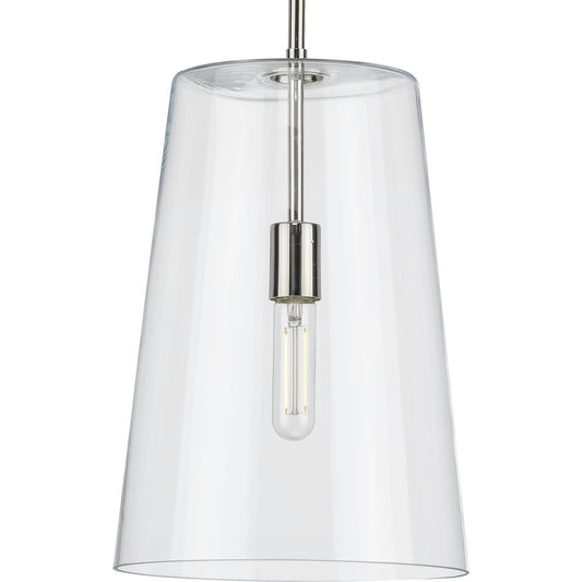 PROGRESS LIGHTING P500242-104 Polished Nickel Clarion Collection One-Light Polished Nickel Clear Glass Coastal Pendant Light