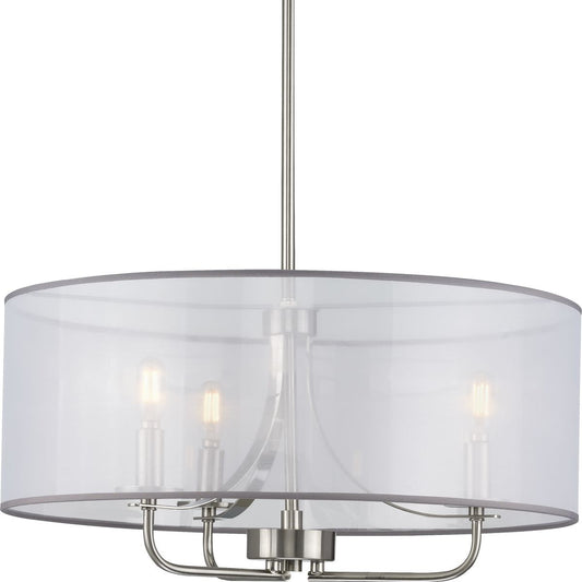 PROGRESS LIGHTING P500243-009 Brushed Nickel Riley Collection Three-Light Brushed Nickel Organza Shade New Traditional Pendant Light