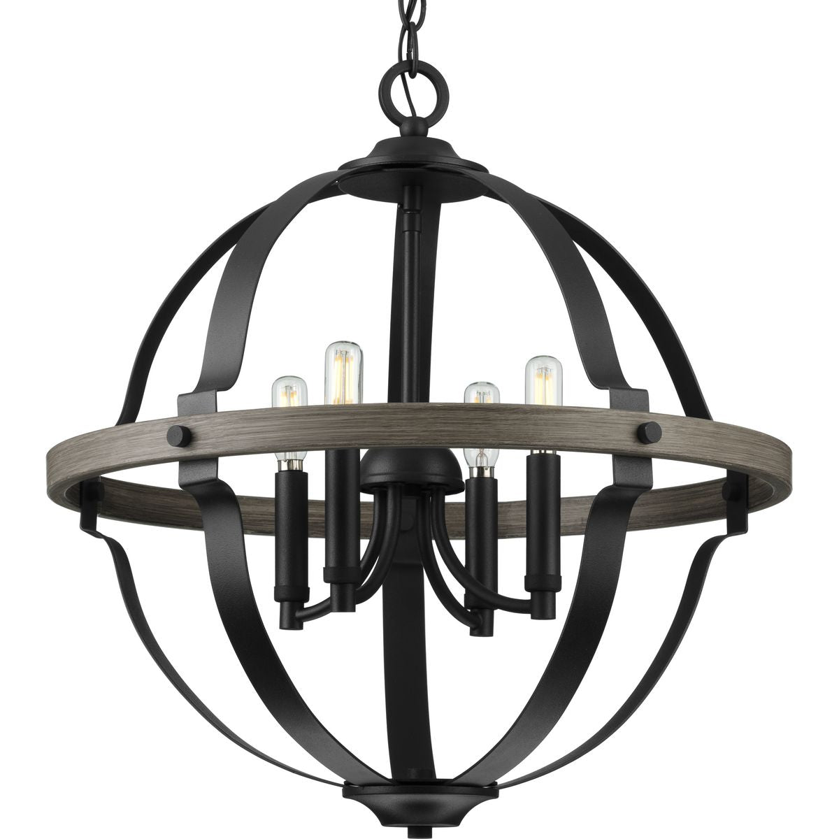 PROGRESS LIGHTING P500278-031 Matte Black Lockhart Collection Four-Light Matte Black/Aged Oak Farmhouse Style Hanging Pendant Light