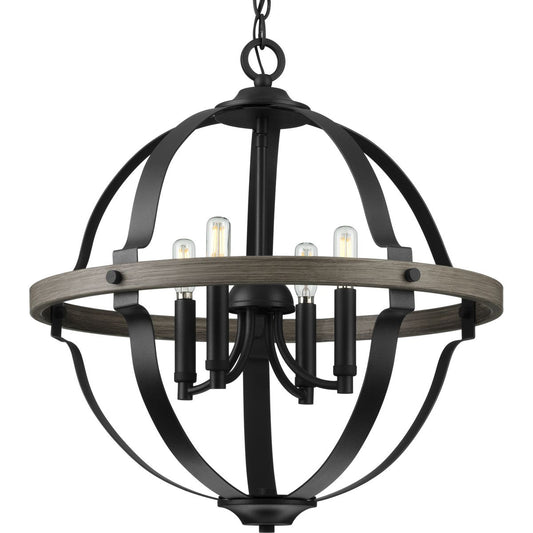 PROGRESS LIGHTING P500278-031 Matte Black Lockhart Collection Four-Light Matte Black/Aged Oak Farmhouse Style Hanging Pendant Light