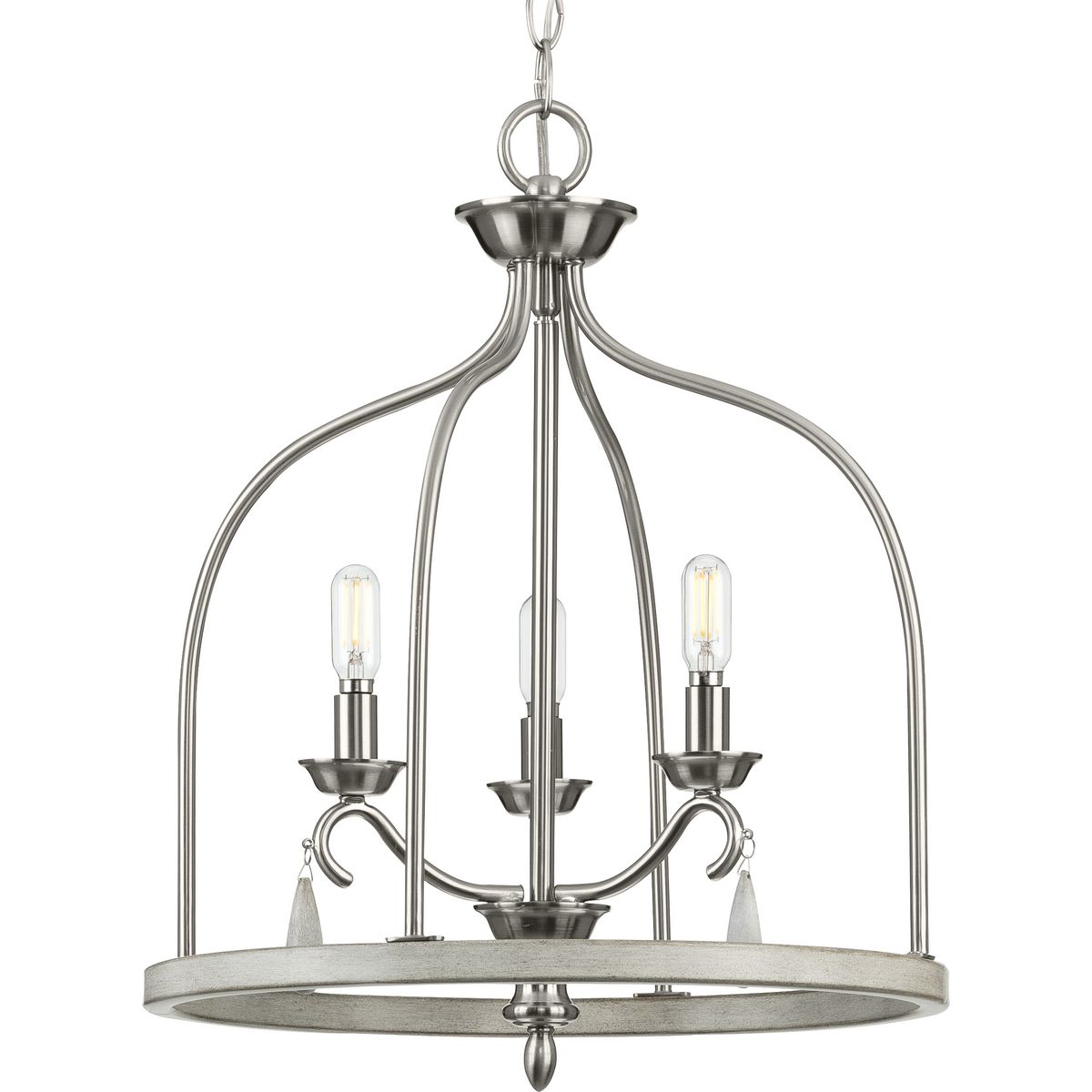 PROGRESS LIGHTING P500296-009 Brushed Nickel Vinings Collection Three-Light Brushed Nickel and Grey Washed Oak Foyer Pendant Light