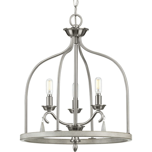 PROGRESS LIGHTING P500296-009 Brushed Nickel Vinings Collection Three-Light Brushed Nickel and Grey Washed Oak Foyer Pendant Light