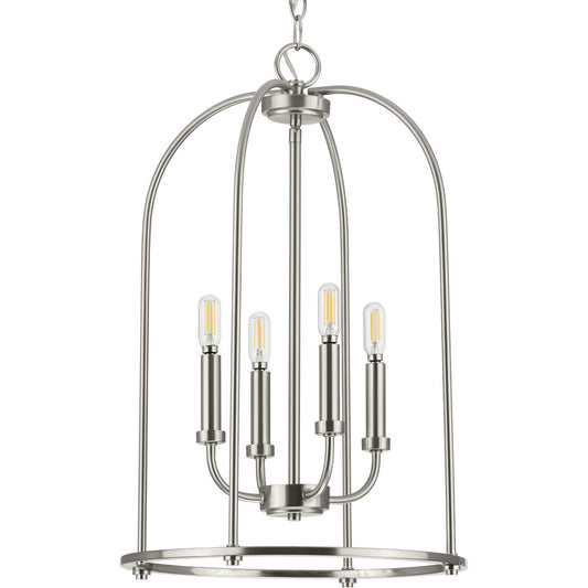 PROGRESS LIGHTING P500302-009 Brushed Nickel Leyden Collection Four-Light Brushed Nickel Farmhouse Style Foyer Pendant Light