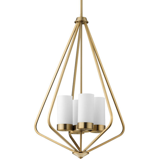 PROGRESS LIGHTING P500305-109 Brushed Bronze Elevate Collection Four-Light Brushed Bronze and Etched White Glass Modern Style Hanging Pendant Light
