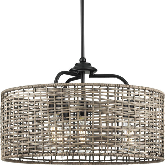 PROGRESS LIGHTING P500308-031 Matte Black Lavelle Collection Four-Light Matte Black and Mocha finish Rattan Hanging Pendant Light