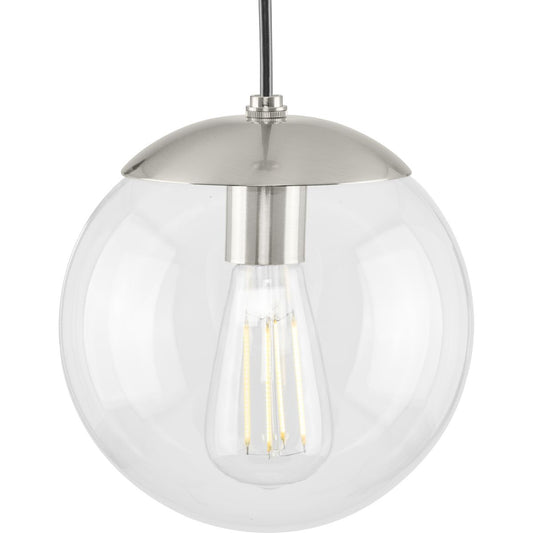 PROGRESS LIGHTING P500309-009 Brushed Nickel Atwell Collection 8-inch Brushed Nickel and Clear Glass Globe Small Hanging Pendant Light