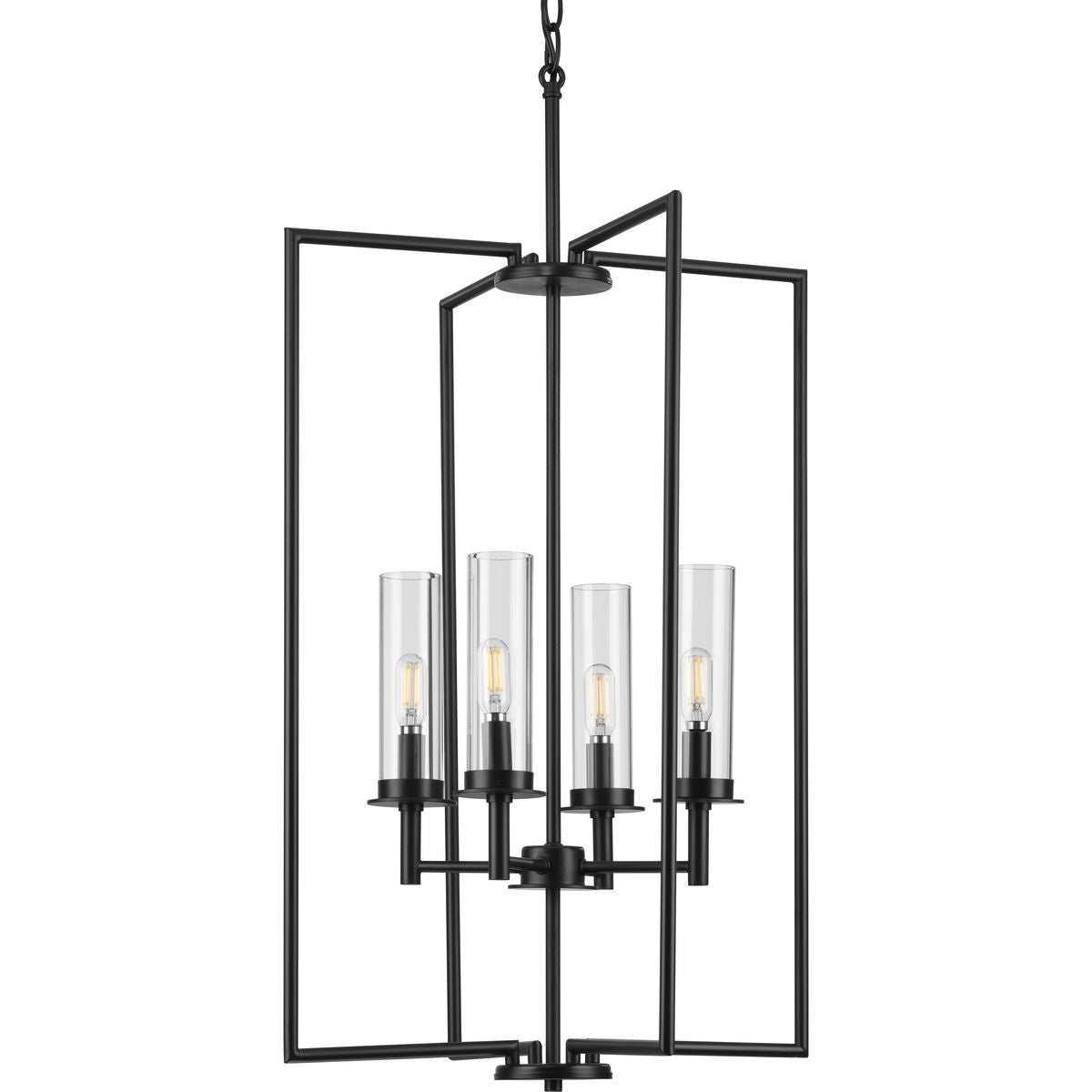 PROGRESS LIGHTING P500315-031 Matte Black Kellwyn Collection Four-Light Matte Black and Clear Glass Transitional Style Foyer Pendant Light
