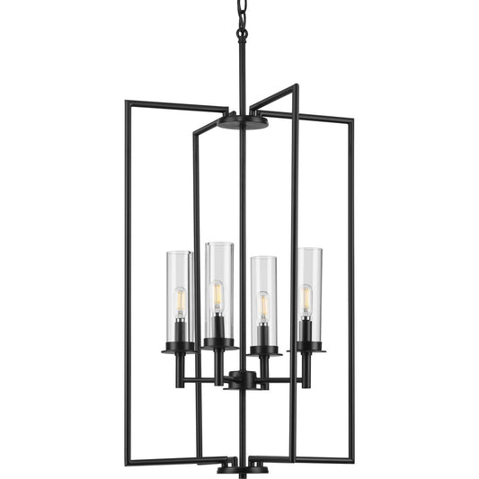 PROGRESS LIGHTING P500315-031 Matte Black Kellwyn Collection Four-Light Matte Black and Clear Glass Transitional Style Foyer Pendant Light