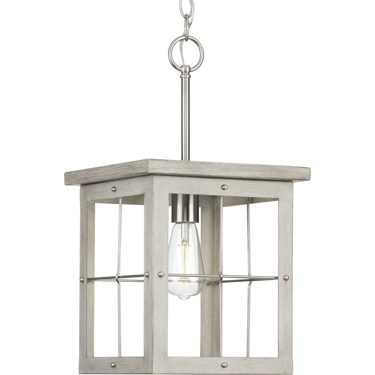 PROGRESS LIGHTING P500317-009 Brushed Nickel Hedgerow Collection One-Light Brushed Nickel and Grey Washed Oak Farmhouse Style Hanging Mini-Pendant Light