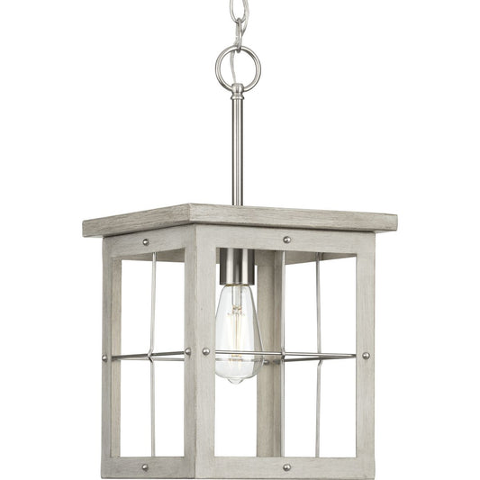 PROGRESS LIGHTING P500317-009 Brushed Nickel Hedgerow Collection One-Light Brushed Nickel and Grey Washed Oak Farmhouse Style Hanging Mini-Pendant Light