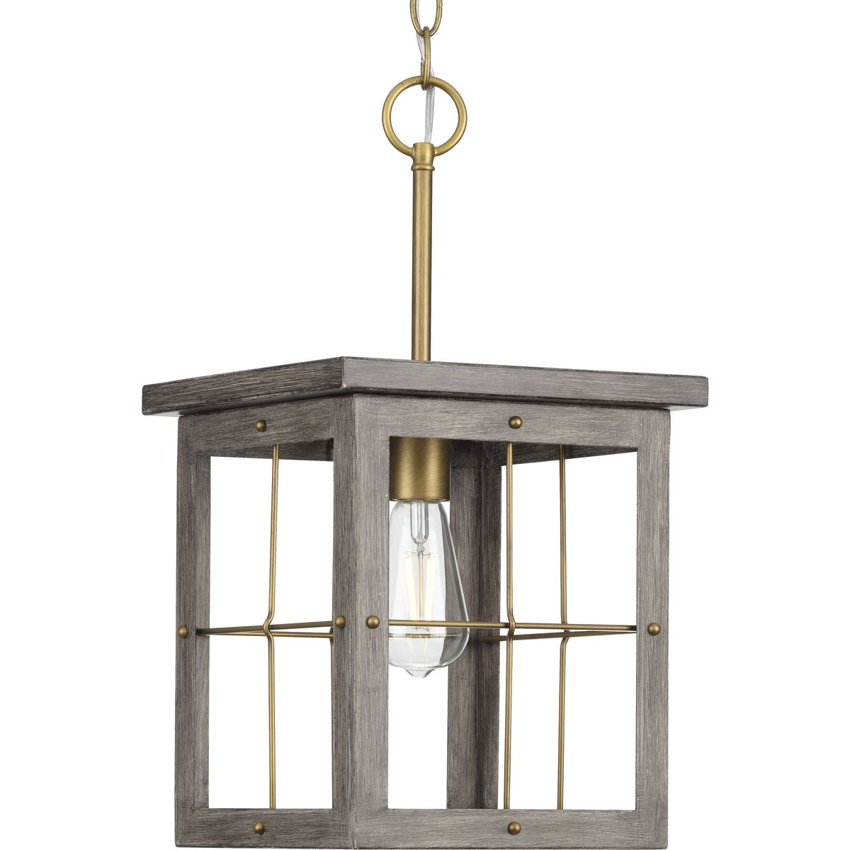PROGRESS LIGHTING P500317-175 Distressed Brass Hedgerow Collection One-Light Distressed Brass and Aged Oak Farmhouse Style Hanging Mini-Pendant Light