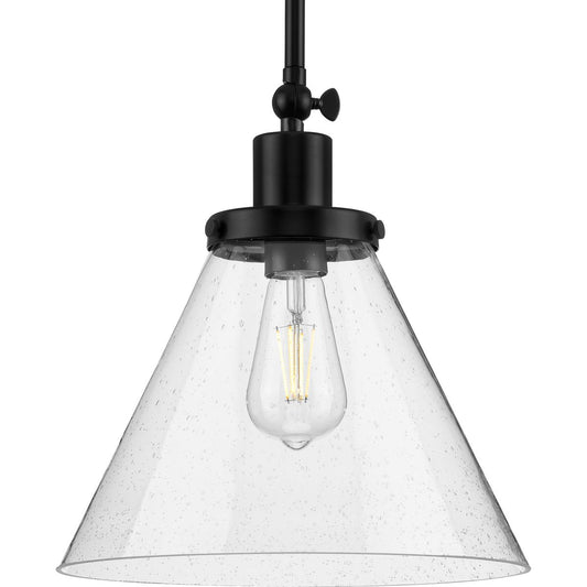 PROGRESS LIGHTING P500324-031 Matte Black Hinton Collection One-Light Matte Black and Seeded Glass Vintage Style Hanging Pendant Light