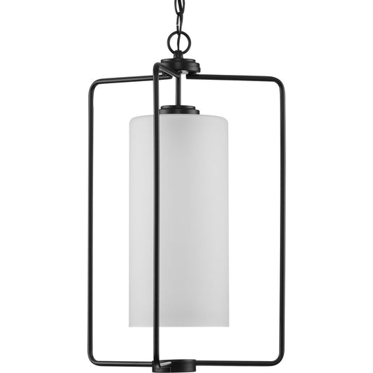 PROGRESS LIGHTING P500333-031 Matte Black Merry Collection One-Light Matte Black and Etched Glass Transitional Style Foyer Pendant Light