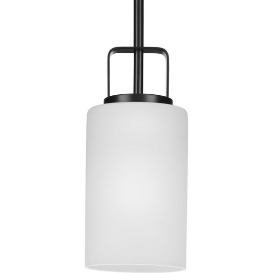 PROGRESS LIGHTING P500341-31M Matte Black League Collection One-Light Matte Black and Etched Glass Modern Farmhouse Mini-Pendant Hanging Light