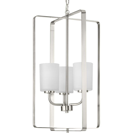 PROGRESS LIGHTING P500342-009 Brushed Nickel League Collection Three-Light Brushed Nickel and Etched Glass Modern Farmhouse Foyer Chandelier Light