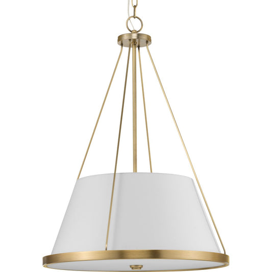 PROGRESS LIGHTING P500357-163 Vintage Brass Saffert Collection Three-Light New Traditional Vintage Brass White Linen Glass Pendant Light