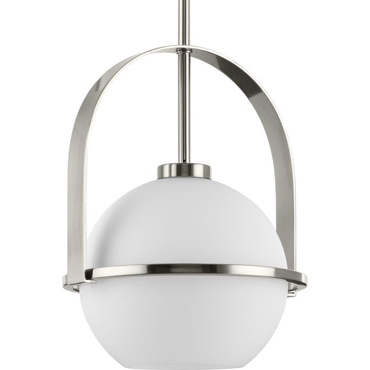 PROGRESS LIGHTING P500358-009 Brushed Nickel Delayne Collection One-Light Mid-Century Modern Brushed Nickel Etched Opal Glass Pendant Light