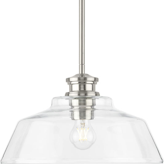 PROGRESS LIGHTING P500381-009 Brushed Nickel Singleton Collection One-Light 14" Brushed Nickel Farmhouse Medium Pendant Light with Clear Glass Shade
