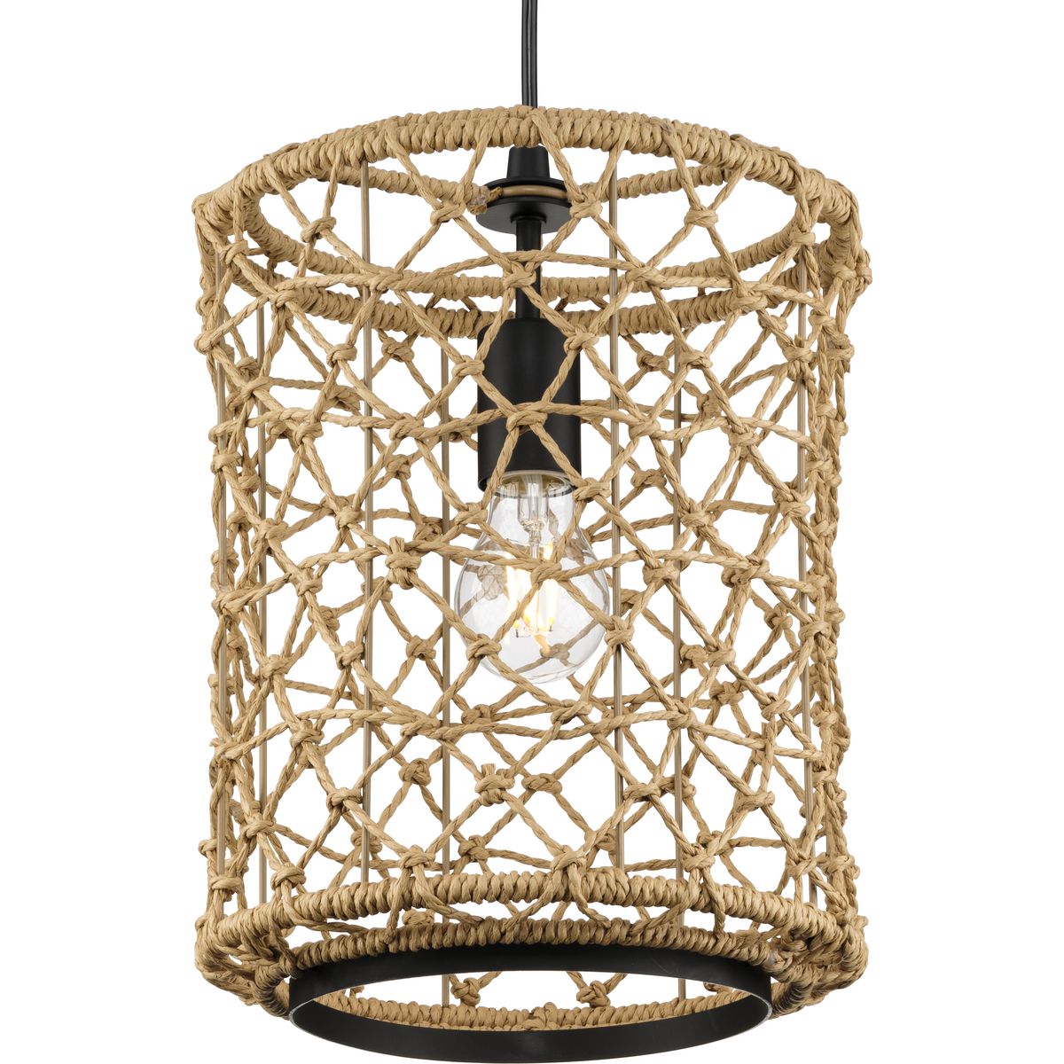 PROGRESS LIGHTING P500419-31M Matte Black Chandra Collection One-Light Matte Black Global Pendant with Woven Shade