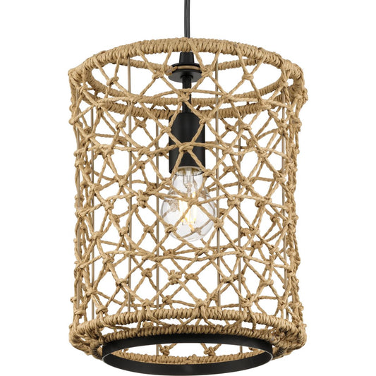 PROGRESS LIGHTING P500419-31M Matte Black Chandra Collection One-Light Matte Black Global Pendant with Woven Shade
