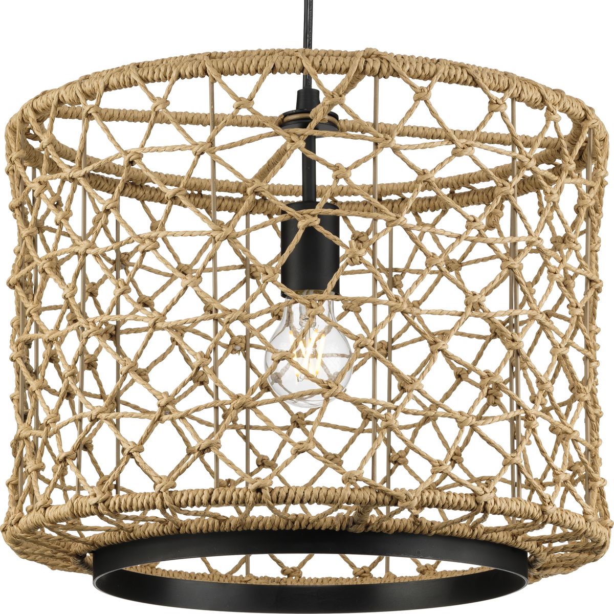 PROGRESS LIGHTING P500420-31M Matte Black Chandra Collection One-Light Matte Black Global Pendant with Woven Shade