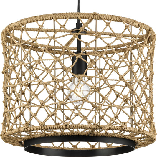 PROGRESS LIGHTING P500420-31M Matte Black Chandra Collection One-Light Matte Black Global Pendant with Woven Shade