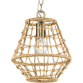 PROGRESS LIGHTING P500423-163 Vintage Brass Laila Collection One-Light Vintage Brass Coastal Pendant with Woven Jute Accent