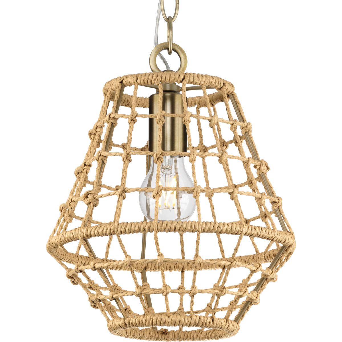 PROGRESS LIGHTING P500423-163 Vintage Brass Laila Collection One-Light Vintage Brass Coastal Pendant with Woven Jute Accent