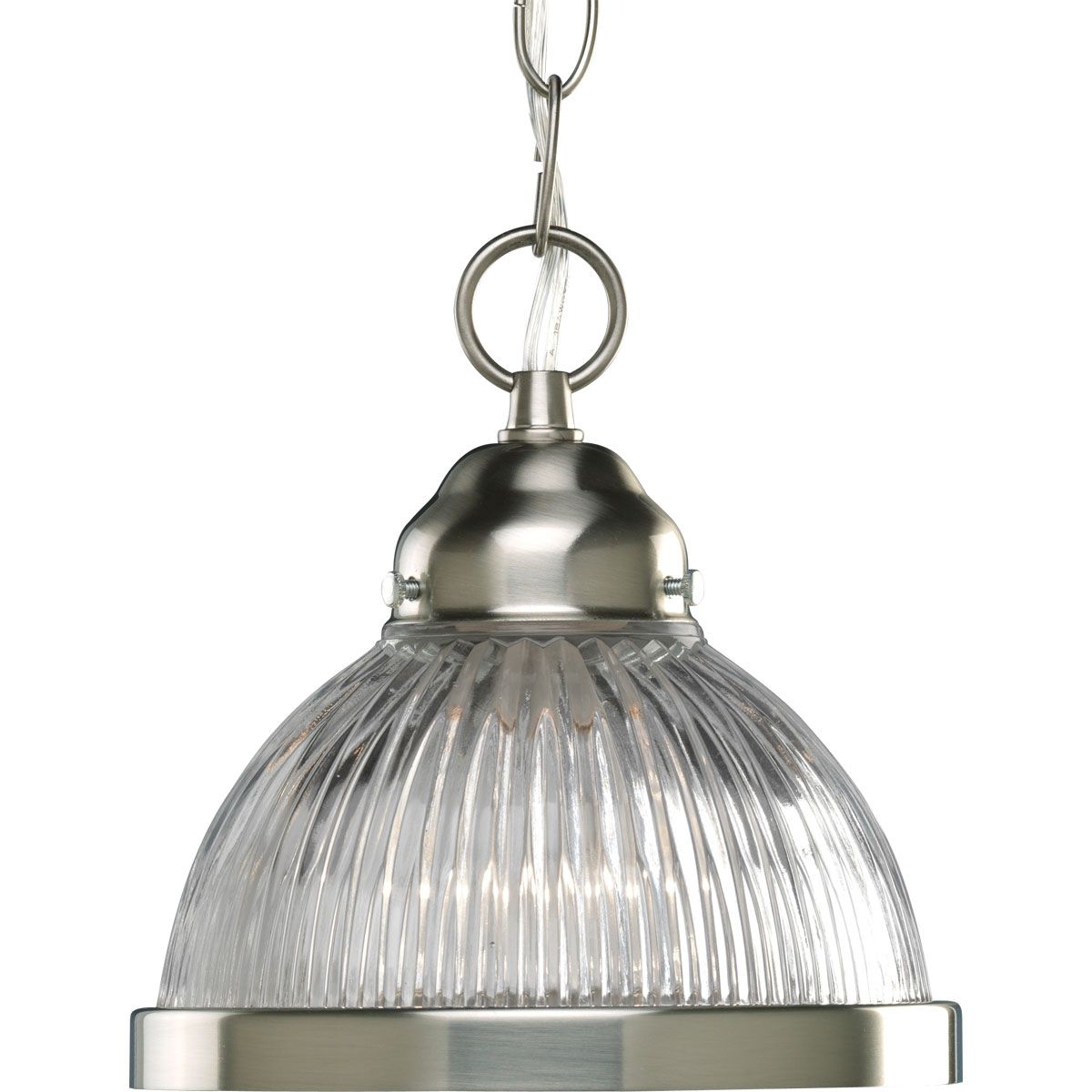 PROGRESS LIGHTING P5080-09 Brushed Nickel Prismatic Glass Collection One-Light Brushed Nickel Clear Prismatic Glass Traditional Mini-Pendant Light