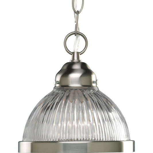 PROGRESS LIGHTING P5080-09 Brushed Nickel Prismatic Glass Collection One-Light Brushed Nickel Clear Prismatic Glass Traditional Mini-Pendant Light