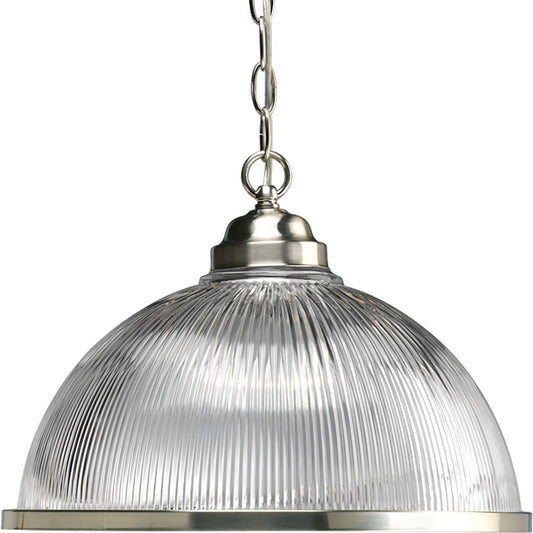 PROGRESS LIGHTING P5103-09 Brushed Nickel Prismatic Glass Collection One-Light Brushed Nickel Clear Prismatic Glass Traditional Pendant Light