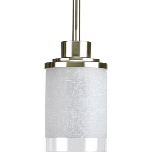 PROGRESS LIGHTING P5147-09 Brushed Nickel Alexa Collection One-Light Brushed Nickel Etched Linen With Clear Edge Glass Modern Mini-Pendant Light