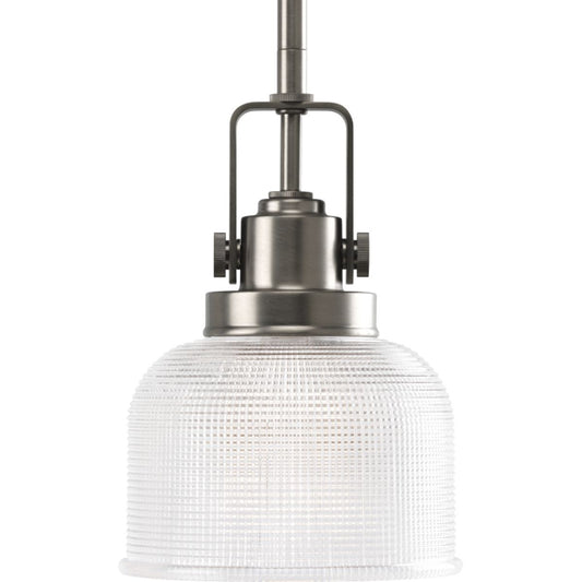 PROGRESS LIGHTING P5173-81 Antique Nickel Archie Collection One-Light Antique Nickel Double Prismatic Glass Coastal Mini-Pendant Light