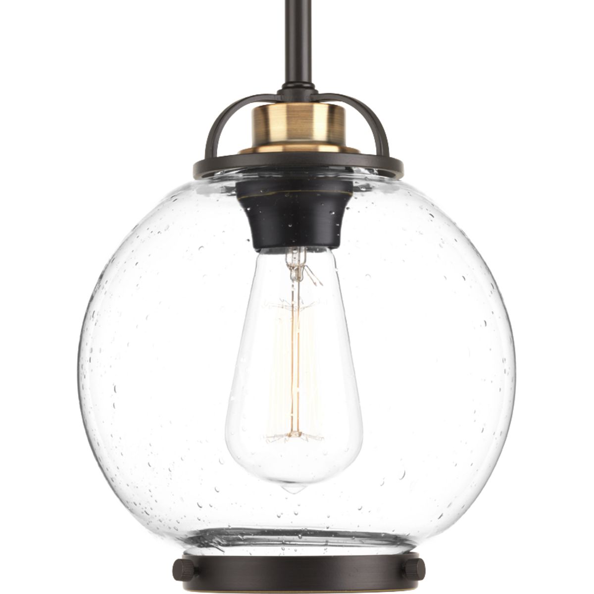 PROGRESS LIGHTING P5309-20 Antique Bronze Chronicle Collection One-Light Antique Bronze Clear Seeded White Opal Glass Coastal Mini-Pendant Light