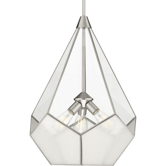 PROGRESS LIGHTING P5322-09 Brushed Nickel Cinq Collection Three-Light Brushed Nickel Clear Glass Global Pendant Light