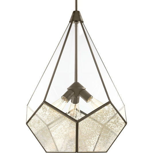 PROGRESS LIGHTING P5322-20 Antique Bronze Cinq Collection Three-Light Antique Bronze Antique Mirror Glass Global Pendant Light