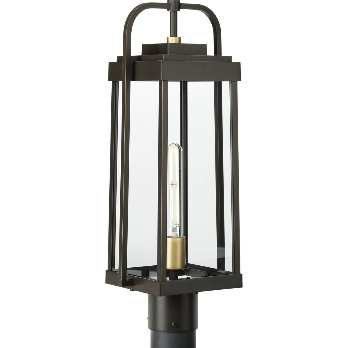 PROGRESS LIGHTING P540090-020 Antique Bronze Walcott Collection One-Light Antique Bronze with Brasstone Accents Clear Glass Transitional Outdoor Post Light