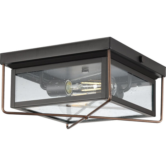 PROGRESS LIGHTING P550069-020 Antique Bronze Barlowe Collection Two-Light Antique Bronze and Clear Seeded Glass Farmhouse Style Flush Mount Ceiling Light