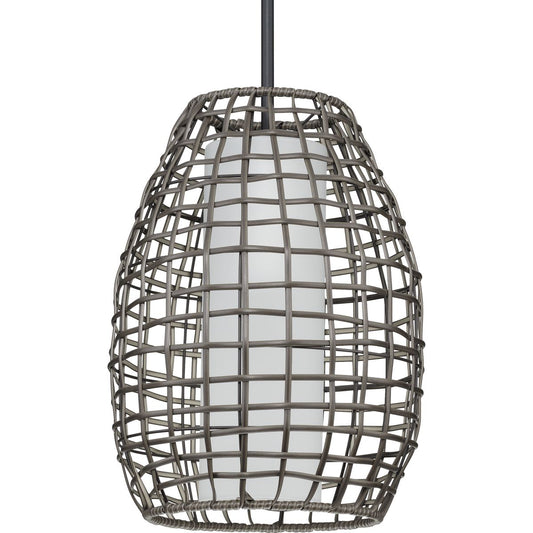 PROGRESS LIGHTING P550083-031 Matte Black Pawley Collection One-Light Matte Black and Dark Gray Rattan Indoor/Outdoor Hanging Pendant Light